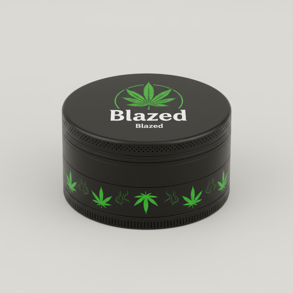 Een zwarte cannabis-grinder met afbeeldingen van groene marihuanabladeren en het woord Blazed op het deksel en de zijkant, tegen een effen witte achtergrond. Perfect voor je DailyBlaze routine. - DailyBlaze