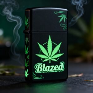 Een zwarte aansteker versierd met neongroene cannabisbladeren en het woord Blazed, omringd door rookslierten. De donkere, onscherpe achtergrond is voorzien van groene bladeren en geeft de gedurfde vibe van DailyBlaze weer. - DailyBlaze