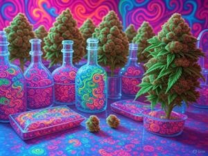 Glazen flessen en containers gevuld met cannabistoppen liggen op een levendig, psychedelisch gedessineerd oppervlak, wervelend met neonkleuren - een opvallend tafereel dat perfect is voor de DailyBlaze of iedereen die graag Blazed in stijl. - DailyBlaze