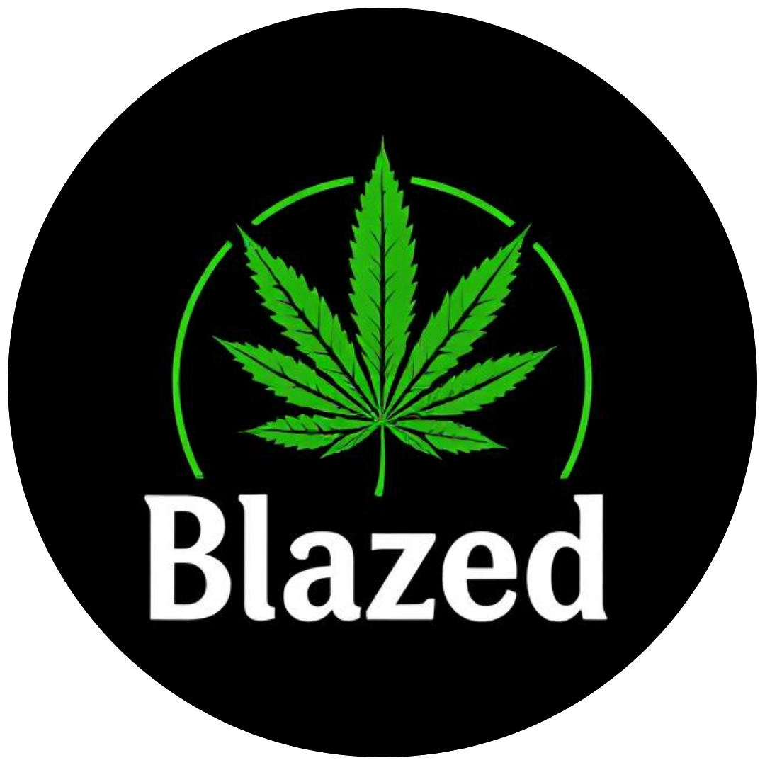 Een groen cannabisblad staat in het midden op een zwarte achtergrond met het woord Blazed in vette witte letters eronder en een groene halve cirkel die boven het blad uitsteekt. - DailyBlaze
